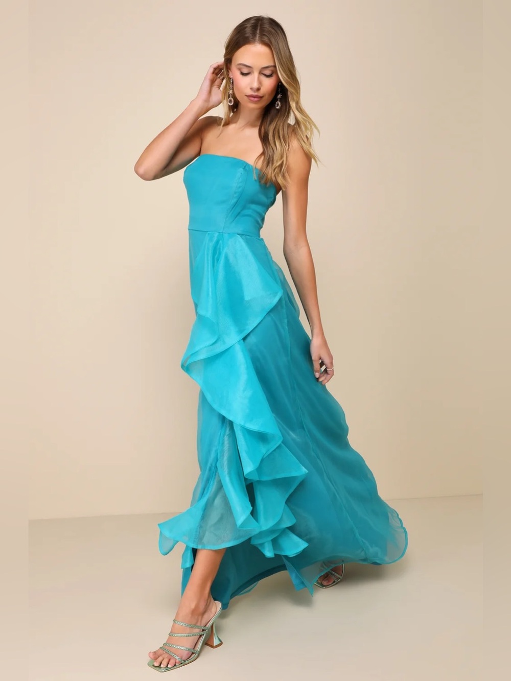Lulus Exquisite Ease Teal Green Organza Strapless Ruffled Maxi Dress Size S NWT - Picture 4 of 13